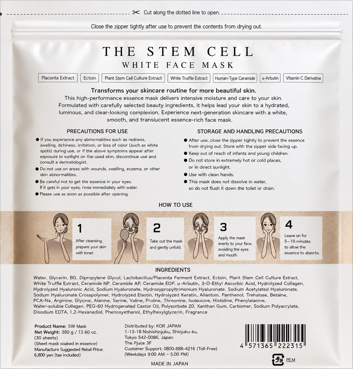 THE STEM CELL White Facial Treatment Mask | Made in Japan (30 Sheets)